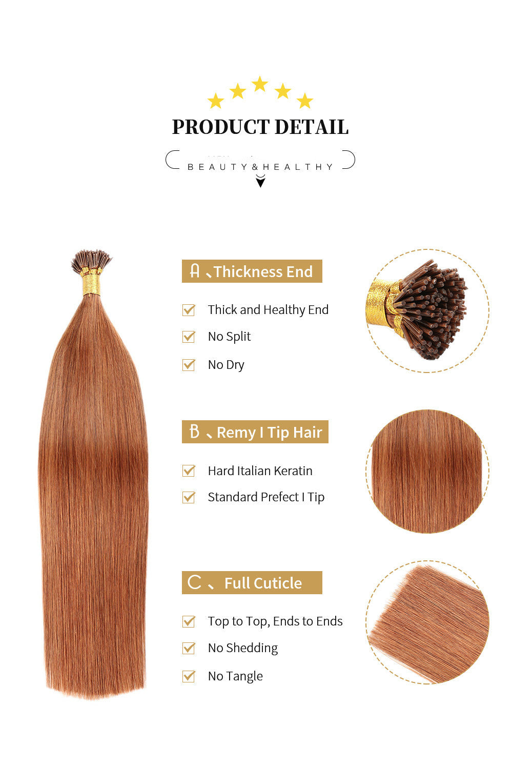 Ginger Premium I-tip Hair Extensions 50g(#30) - ElevateHealthTech