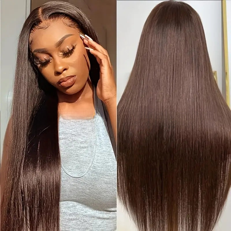 Deep Brown Straight Human Hair Wig with Front Lace 13×4 - ElevateHealthTech