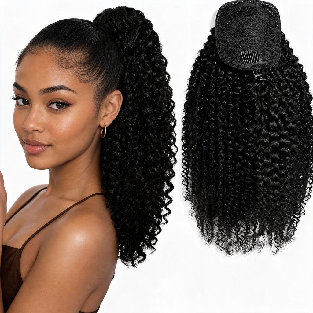 Natural Black Premium Afro Curly Drawstring Ponytail (1B) - ElevateHealthTech